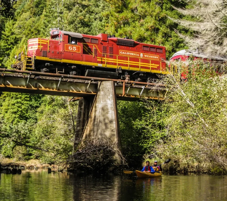 Train crossing trestle bridge over the Noyo River in Fort Bragg