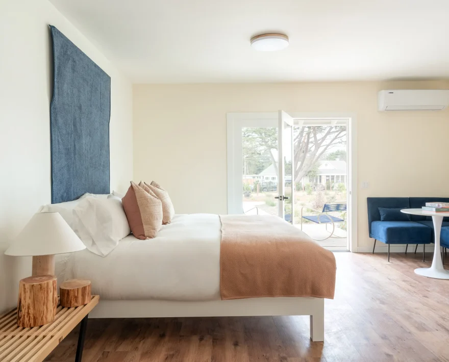 Mendocino Coast resort room with king bed and private patio, ADA accessible lodging