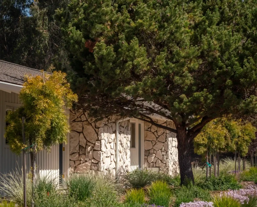 Northern California hotel exterior with stone façade and native plants in Fort Bragg Mendocino Coast