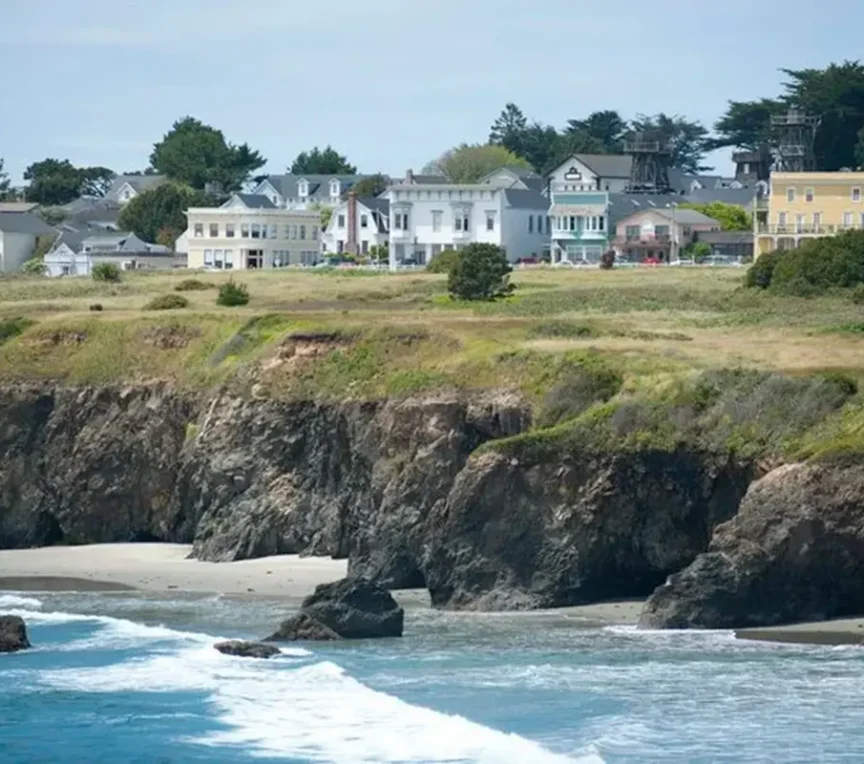 Mendocino Headlands State Park view with historic homes on the bluff