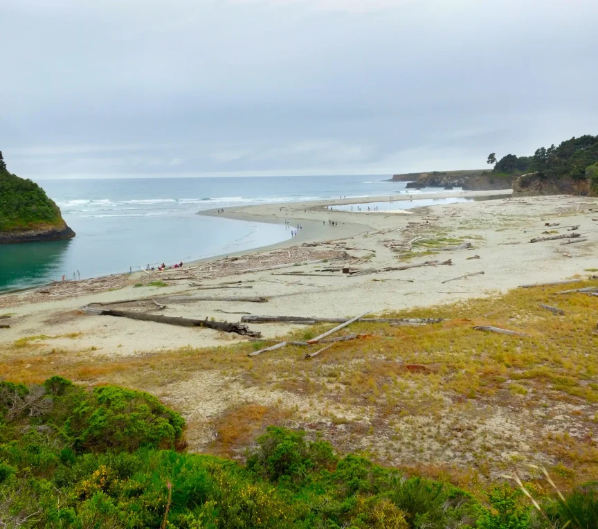 Mouth of Big River estuary meeting the Pacific Ocean in Mendocino, California
