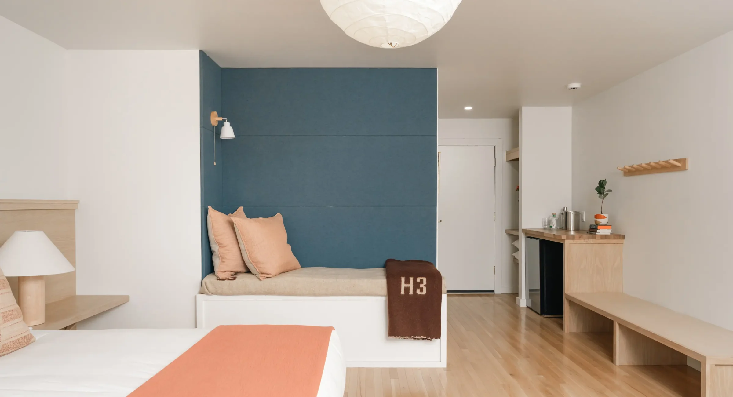 Modern guest room with king bed Mendocino Coast hotel